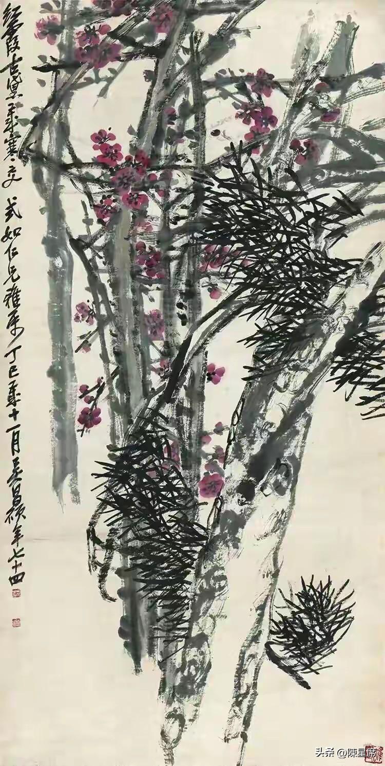 吴昌硕为近现代写意花鸟大家，继承明清大写意传统。吴昌硕以石鼓篆籀金石笔法作画，线