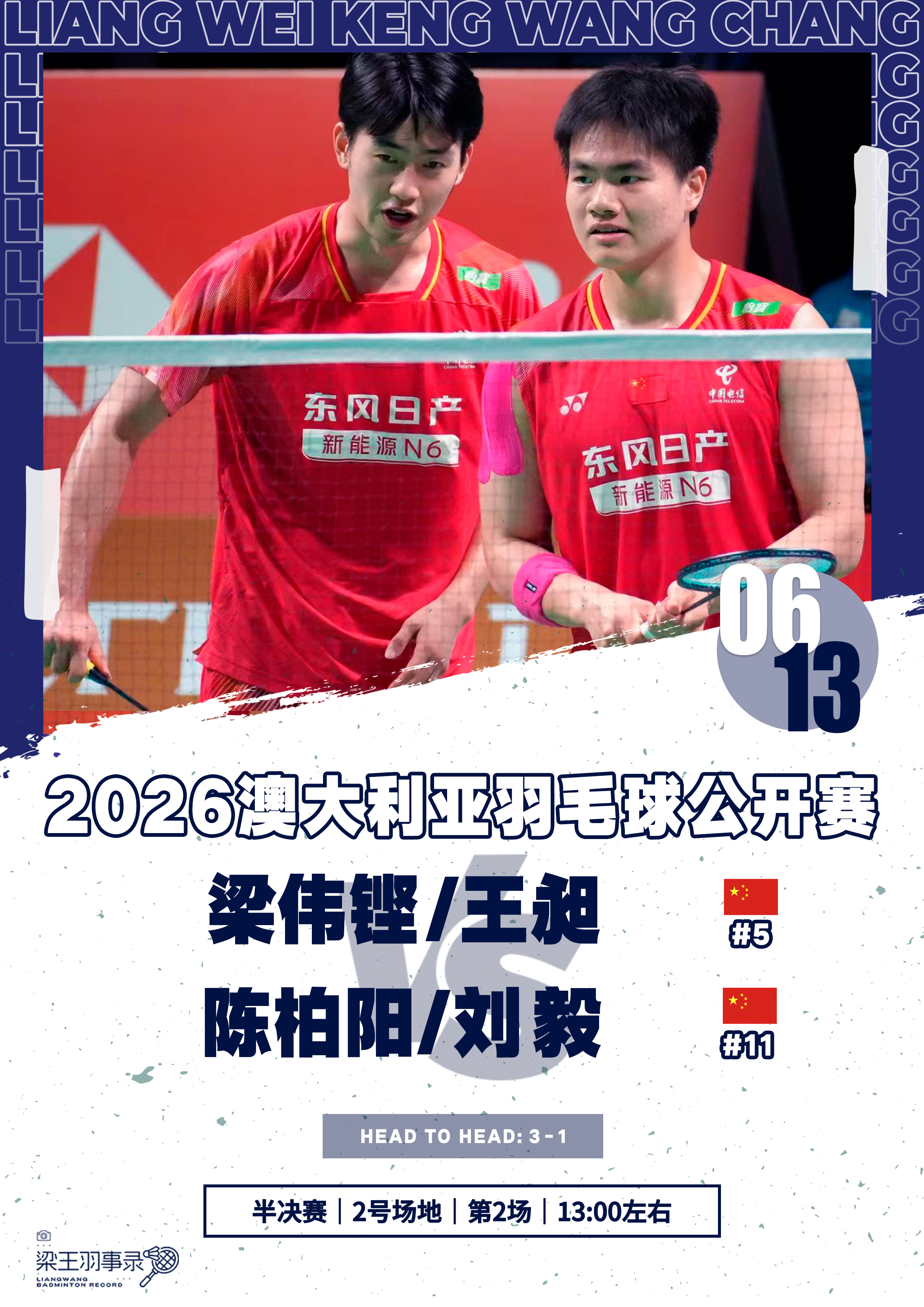 梁王驾到梁王组合 梁王加油 - 赛程预告 -2026澳大利亚羽毛球公开赛2026