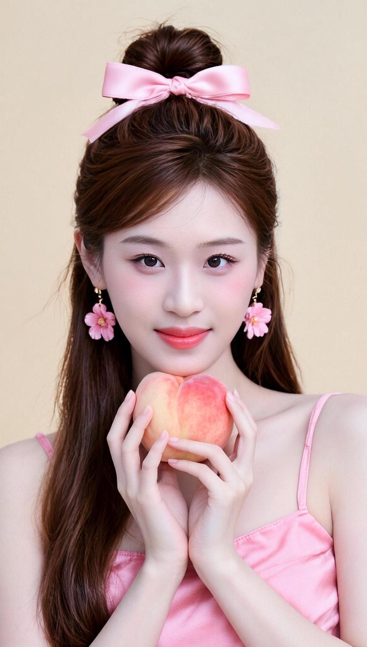 手捧一颗粉嫩的桃子，仿佛抓住了整个夏天的甜蜜。耳畔的粉色花朵与头上的蝴蝶结相映成