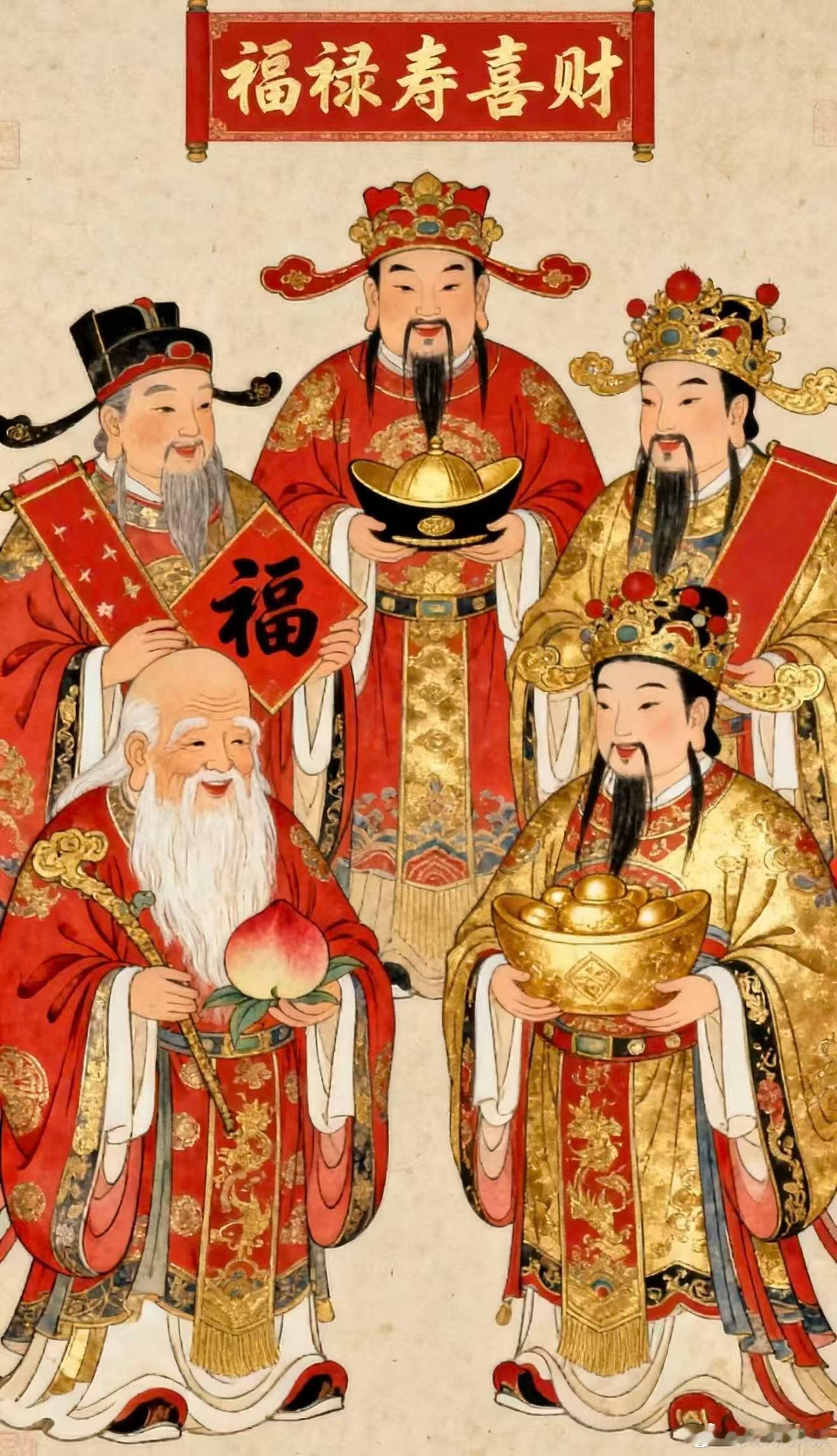 财神到，五路纳财。东西南北中五路财神齐聚门前，护佑正财稳步增收，偏财顺势而来。生
