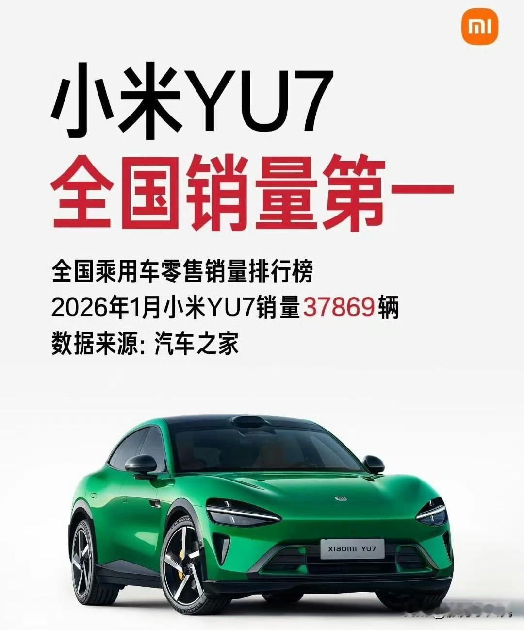 🔥小米YU7，了不起！2026年1月销量登顶，且没有任何定语！销量达到3768