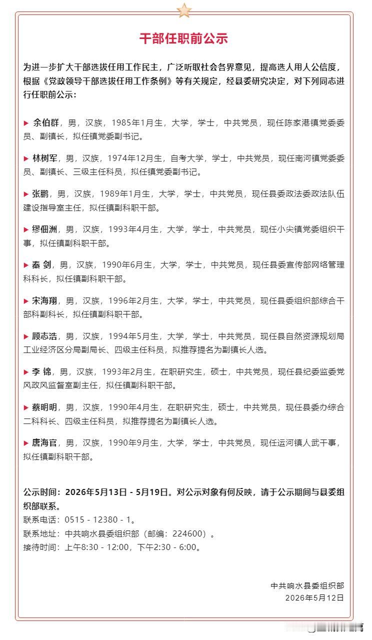 响水10人任职公示，具体是：余伯群、林树军、张鹏、缪佃洲、秦剑、宋海翔、顾志浩、