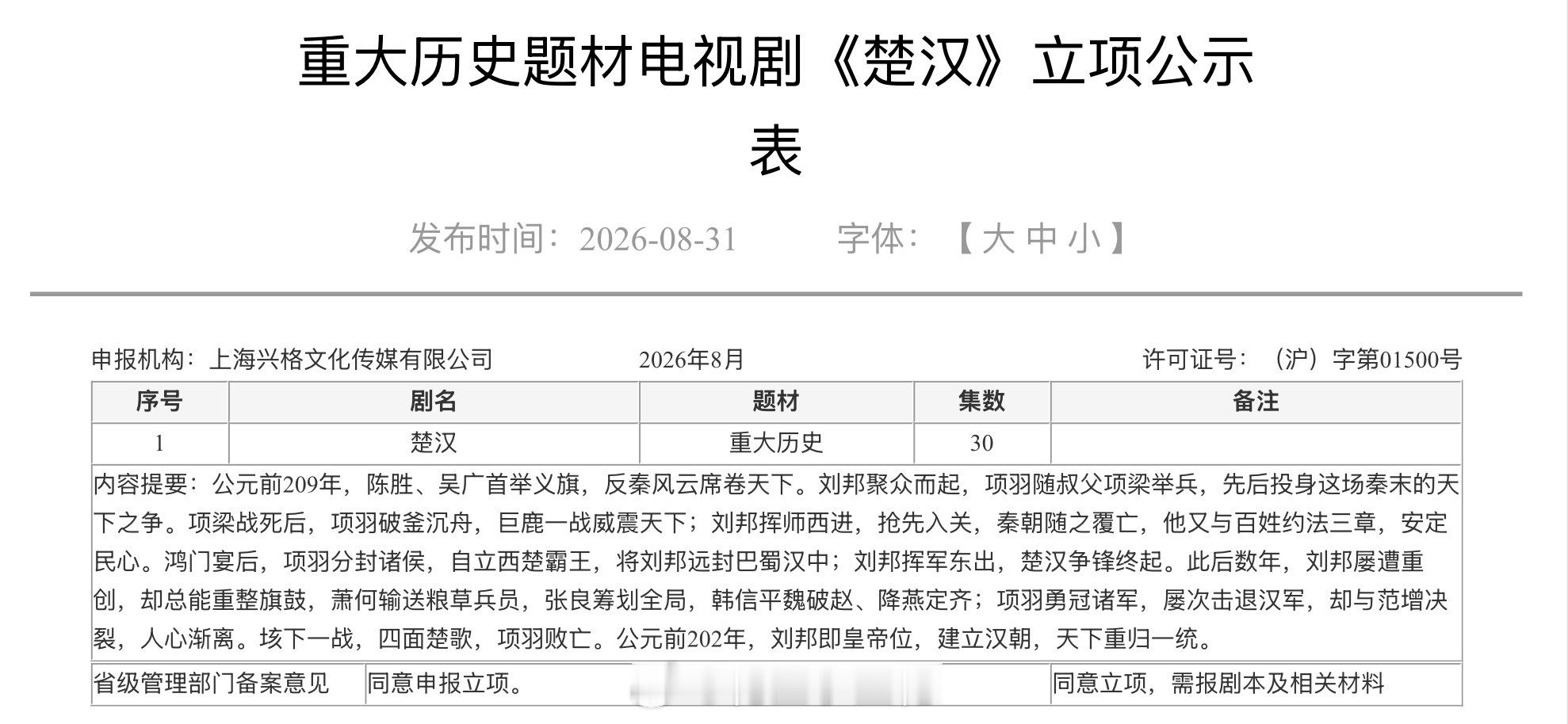 重大历史题材电视剧《楚汉》备案出品：兴格传媒集数：30集电视剧楚汉 内容提要：公