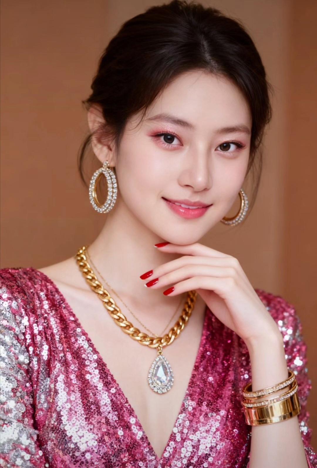 闪耀的粉色礼服，优雅的珠宝配饰，精致的妆容，完美女神！💃✨