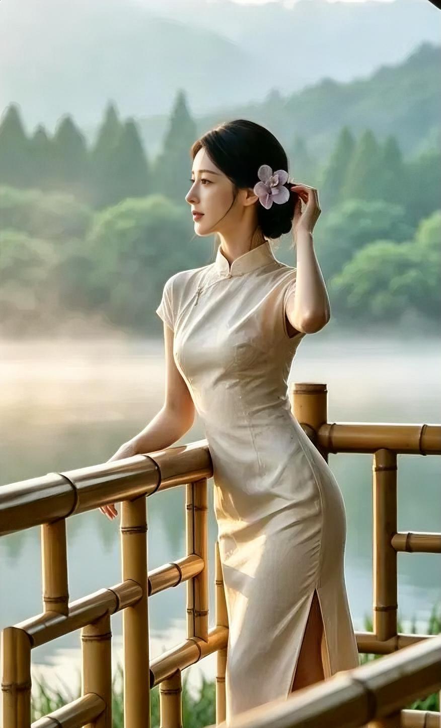 素衣立竹栏，

山影入湖烟。

鬓边花一朵，

手挽晨风软。

光在裙上走，
