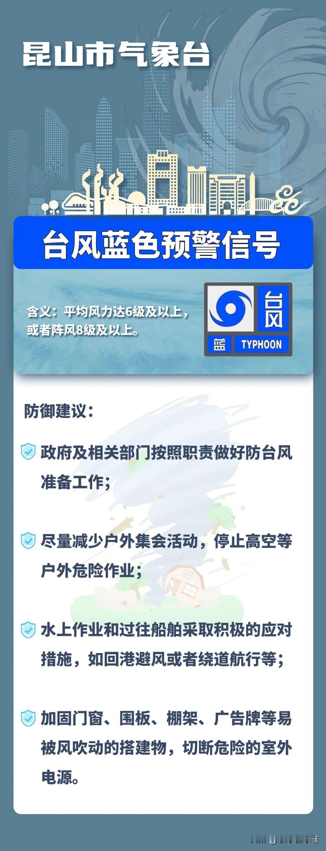 昆山发布台风蓝色预警！11–13日大风降雨来袭，务必注意防范
 
重要提醒！昆山