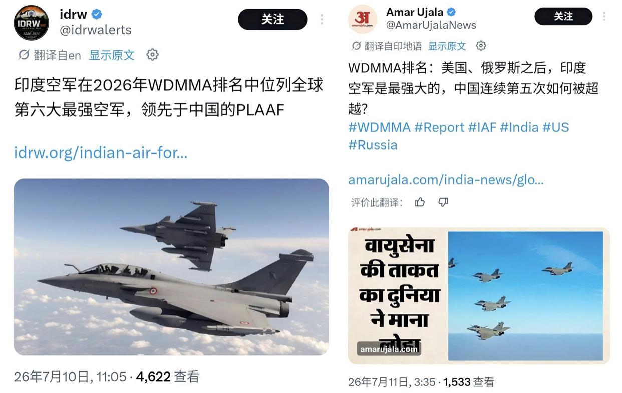 美国WDMMA（世界现代军用飞机名录）网站更新2026全球最新空中力量排名，印度