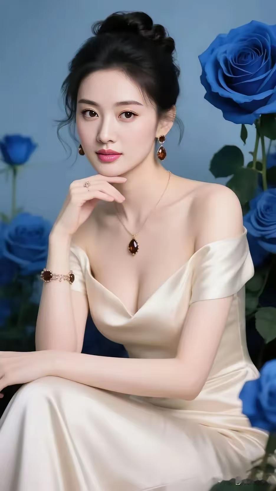 蓝玫瑰旁，优雅如诗，珠宝映衬绝美妆容，每一帧都是心动的浪漫邂逅。