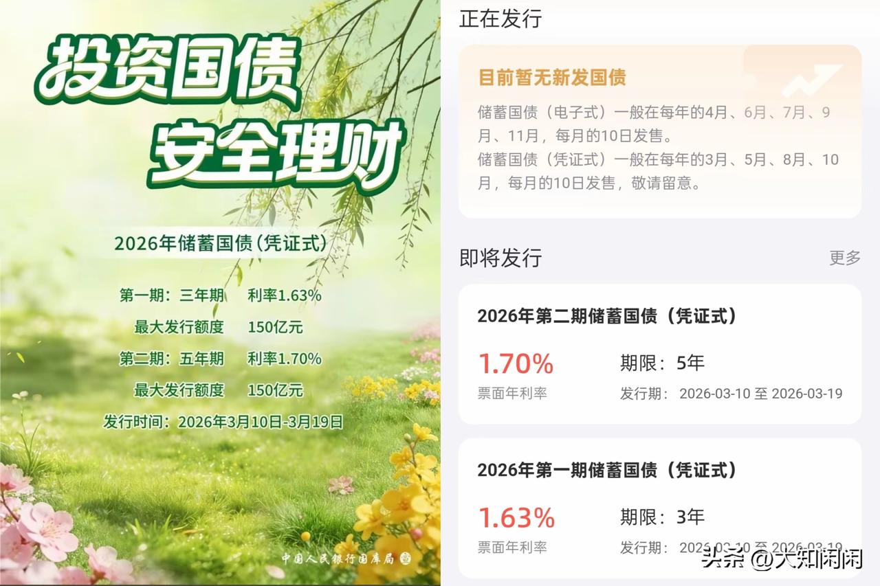 国债这事儿，可得跟大伙唠唠！
3月10日 - 19日，2026年第一期凭证式储蓄