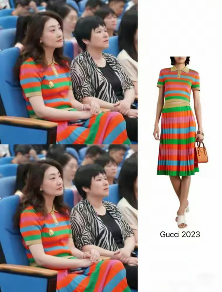 宗馥莉这一身GUCCI的彩虹针织裙确实让人眼前一亮，虽然拼接色系本身容易显杂乱，