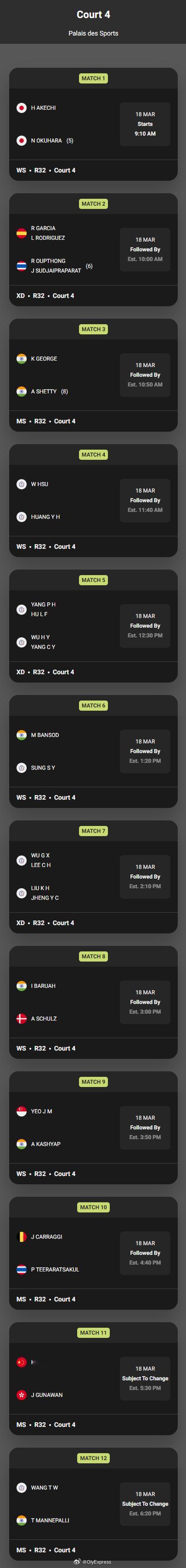【奥尔良羽毛球大师赛次日赛程对阵】2026年奥尔良羽毛球大师赛羽联超级赛 3月1