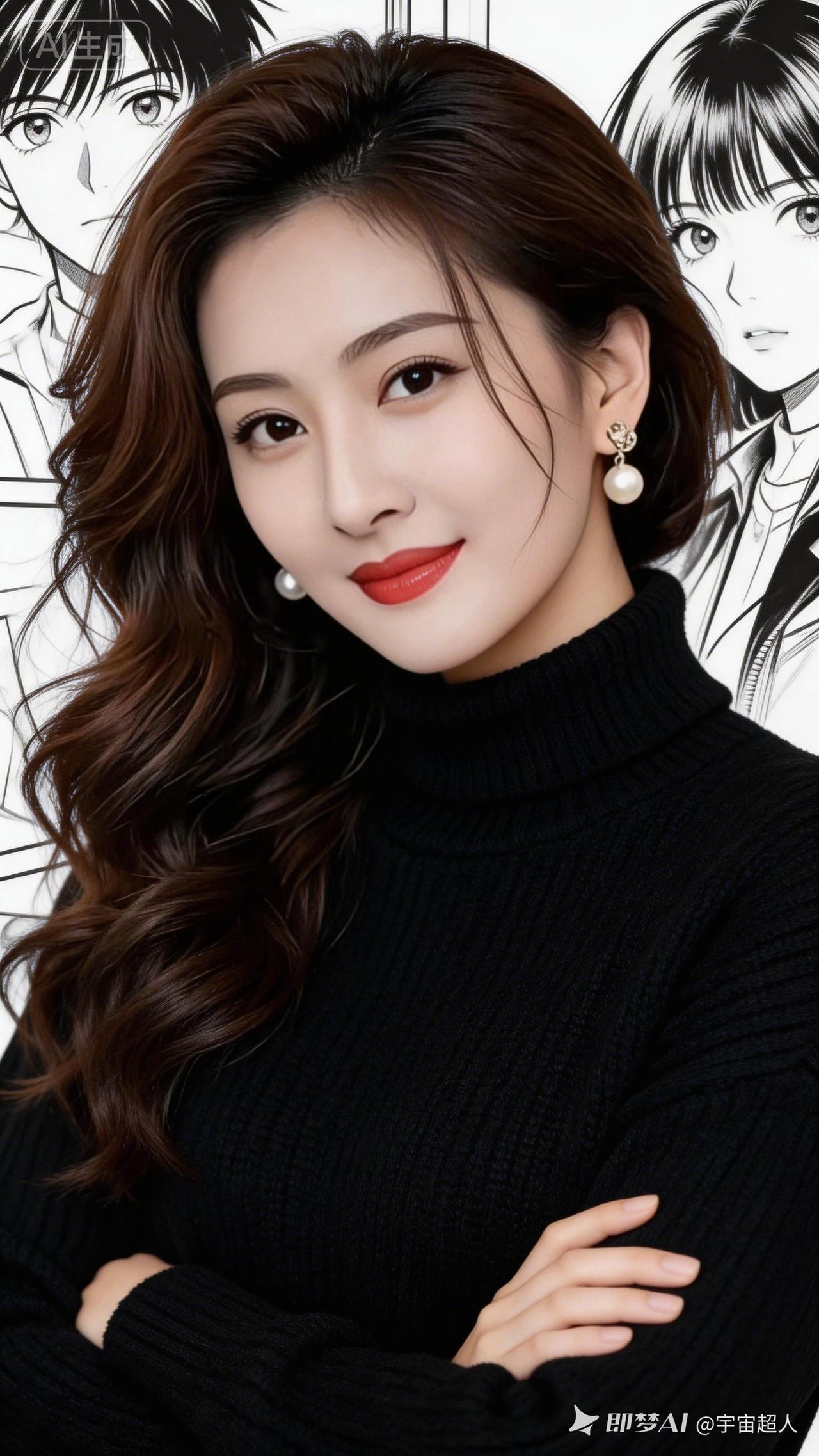 甜美少女风，黑白漫画背景，红唇黑衣，优雅迷人