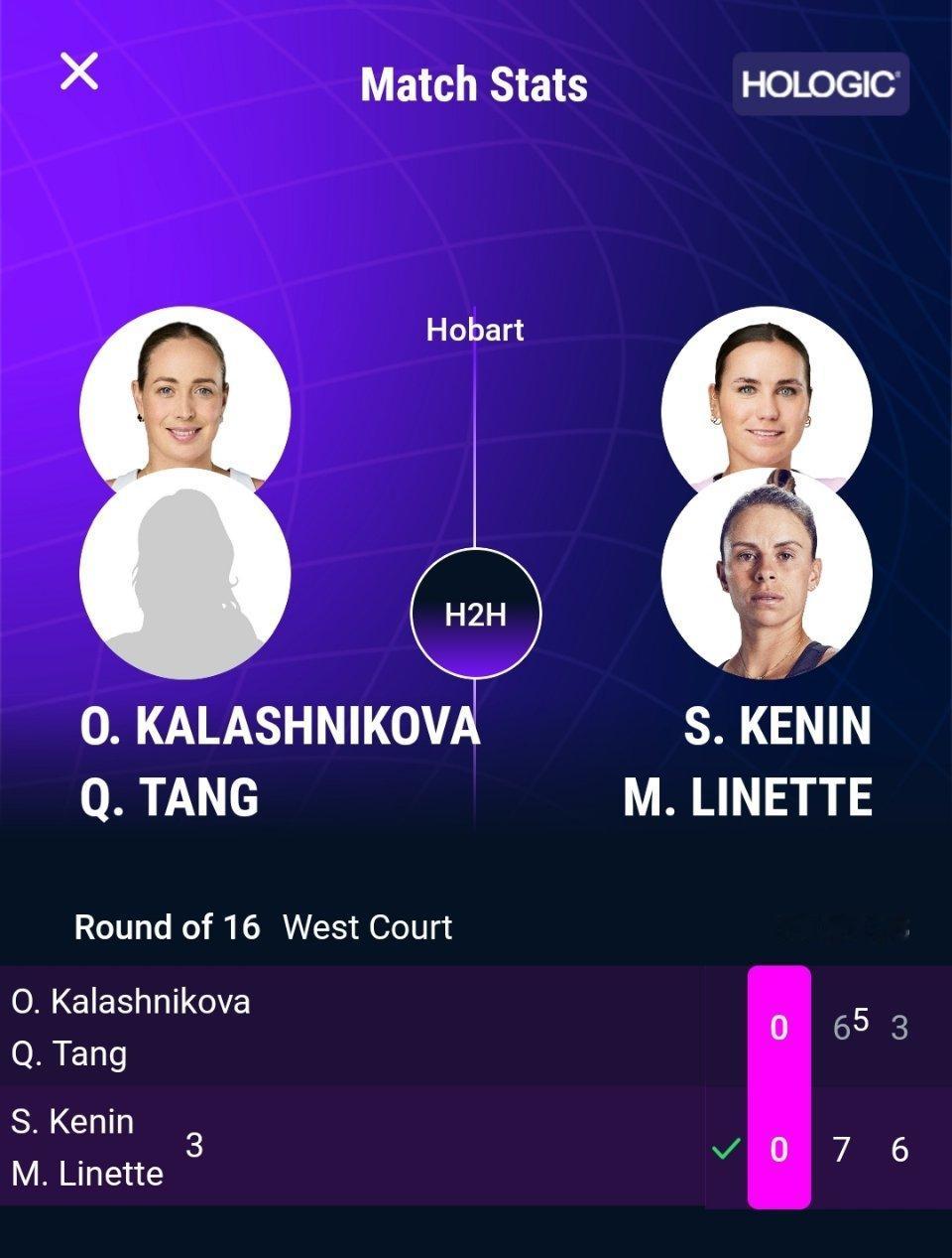 WTA250 霍巴特站双打赛场，汤千慧/卡拉什尼科娃以6-7(5) 3-6不敌3