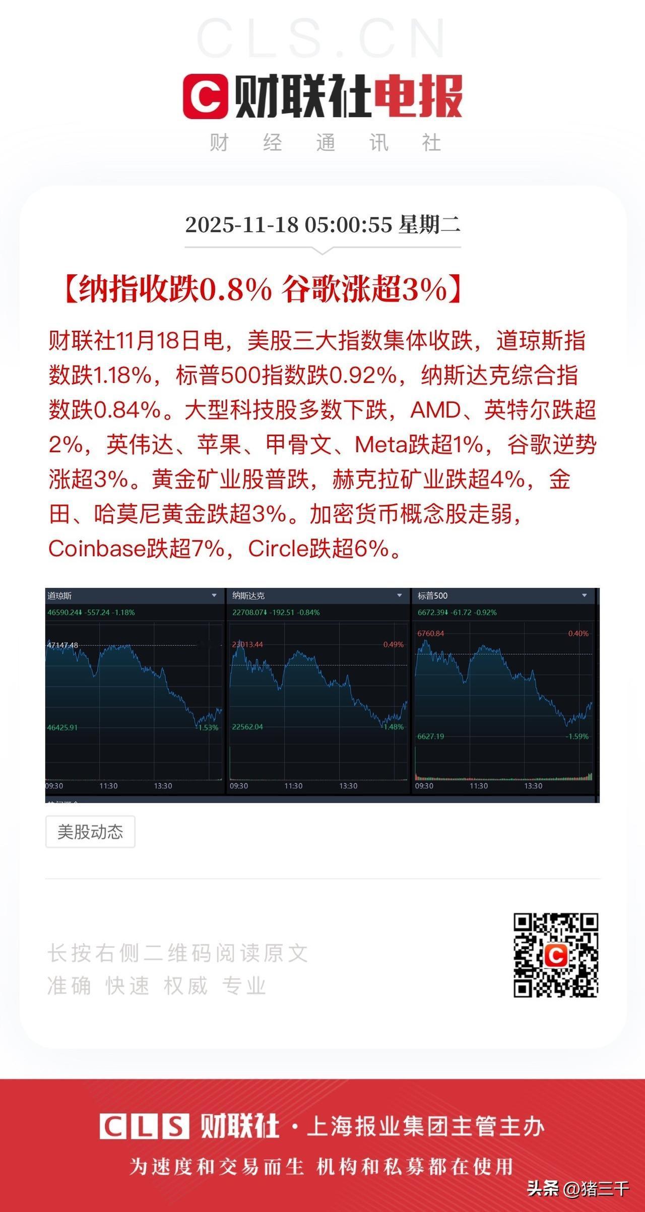 隔夜美股三大指数都做了漂亮的高台跳水动作，
尾盘上浮吸气。
大型科技股仅谷歌唱独