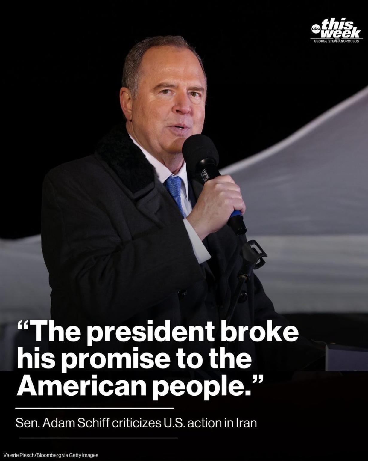 美国民主党参议员亚当·希夫周日表示，他将与党内其他成员一起，推动对一项战争权力决