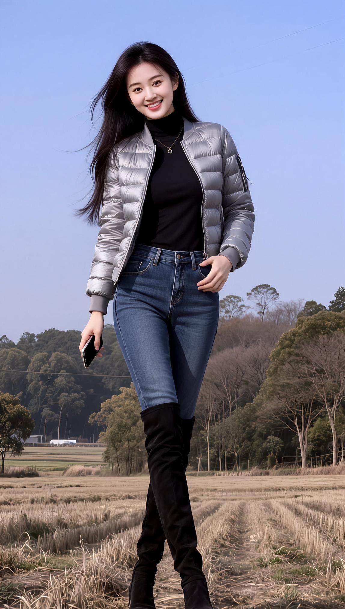 AI田野时尚照 抖音ai创作 紧身牛仔裤 氛围感美女