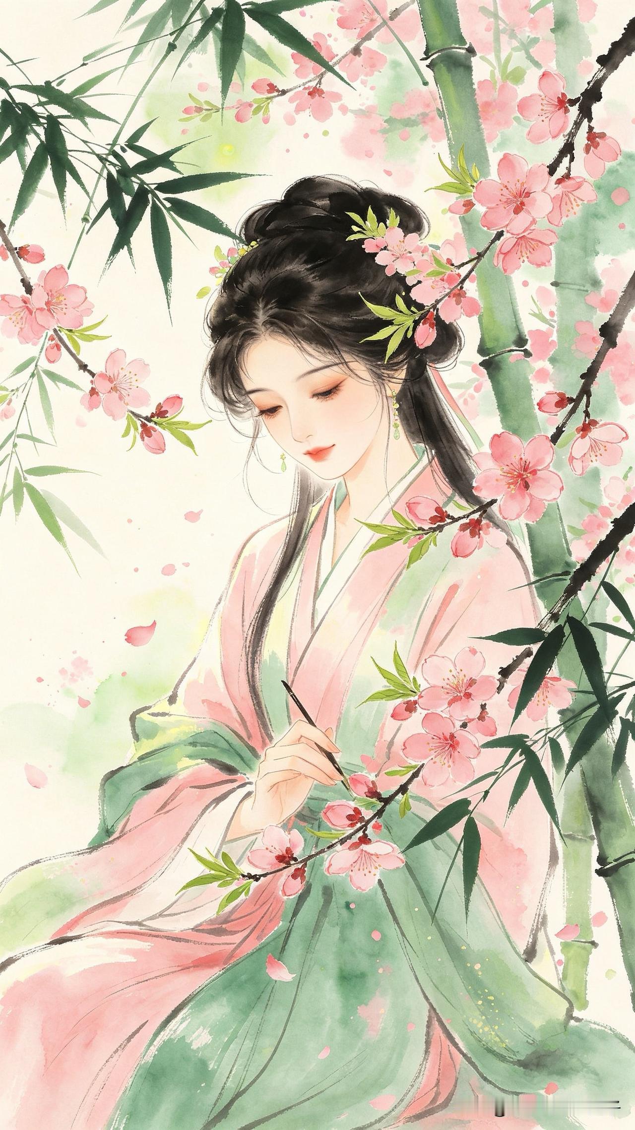 谁家少女惜芳辰，
偷取花魂点黛新。
莫道丹青能写意，
     
…………请师友