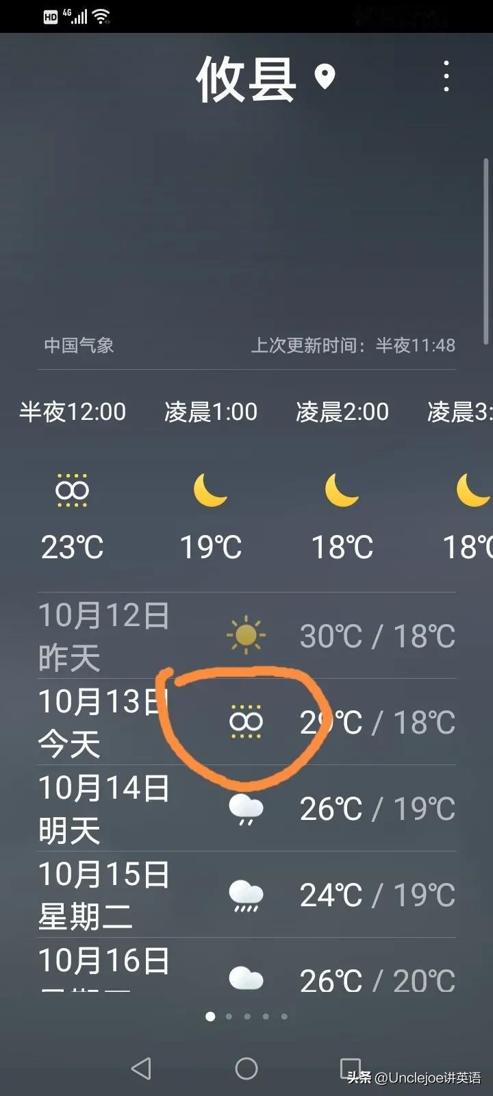各位大神，图中天气预报中这个橙色圏圈里的符号表示什么，有谁知道？