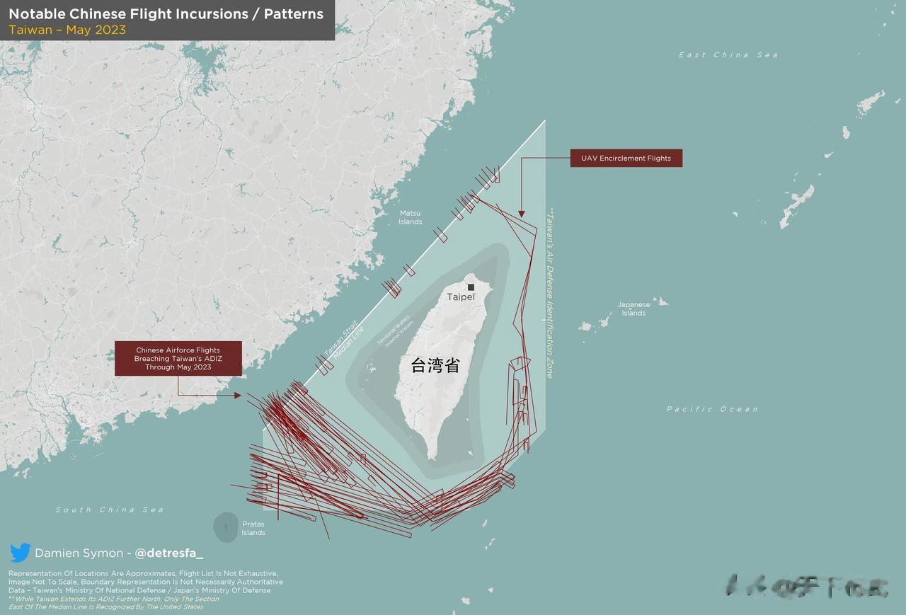 2023年5月份，解放军在台岛周边巡航活动航迹总览图，这个月的亮点大概就就是解放