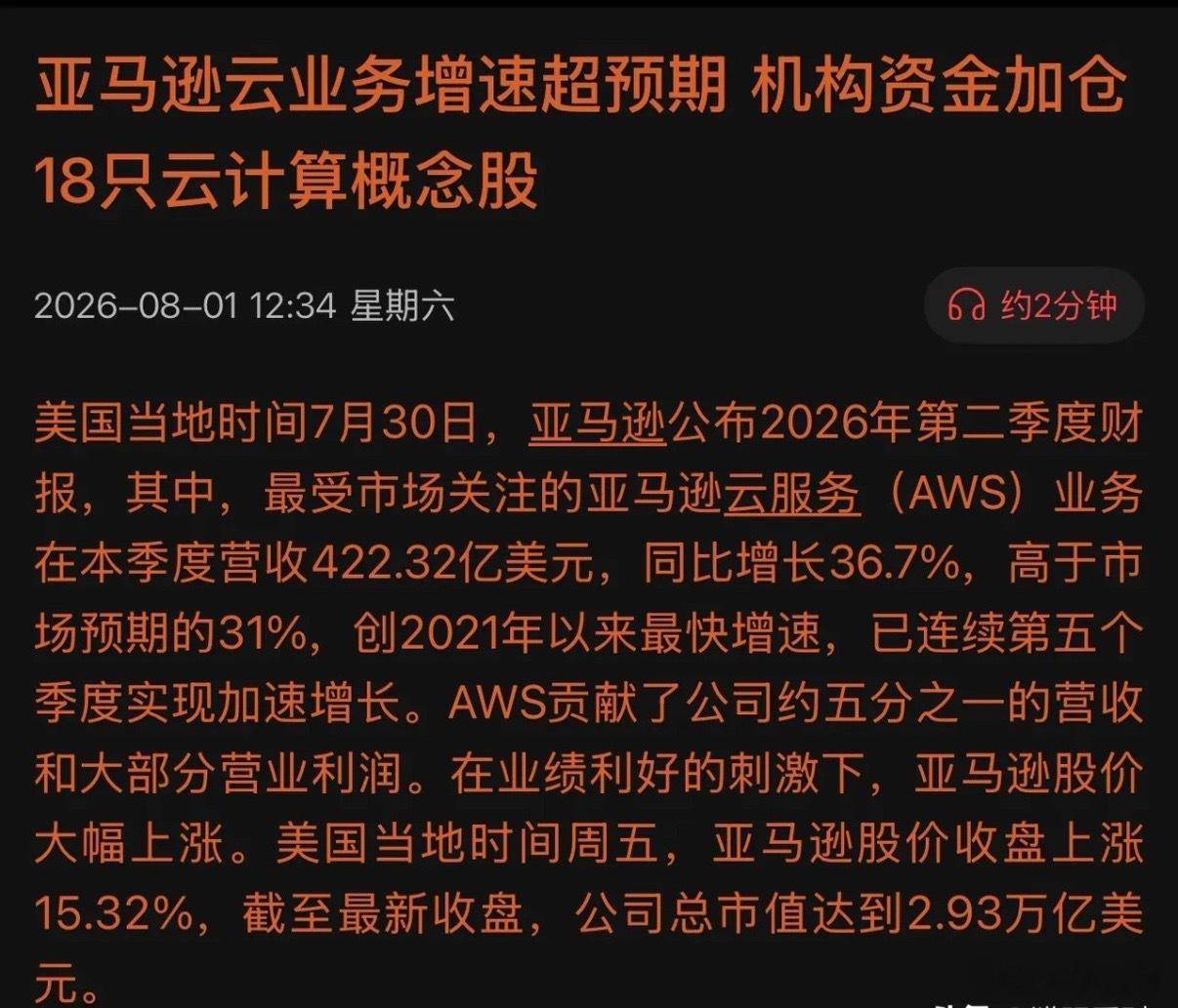 亚马逊单日狂飙15%！AWS增速创18个季度新高，云计算产业的底牌已经藏不住了！