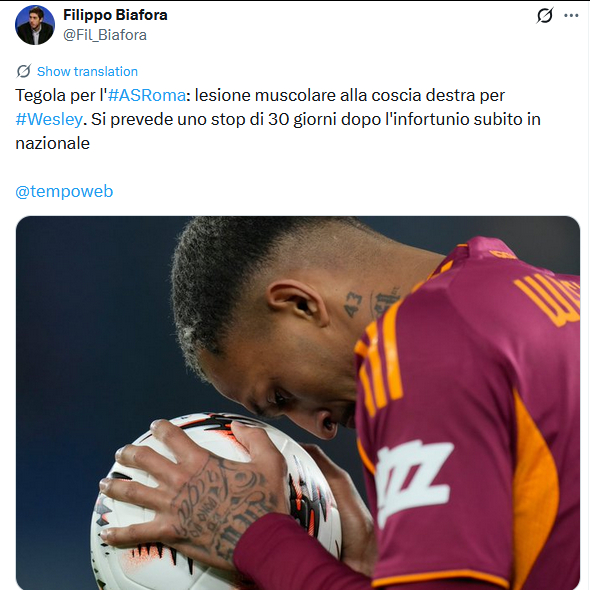 韦斯利右大腿肌肉拉伤，预计缺席一个月。 