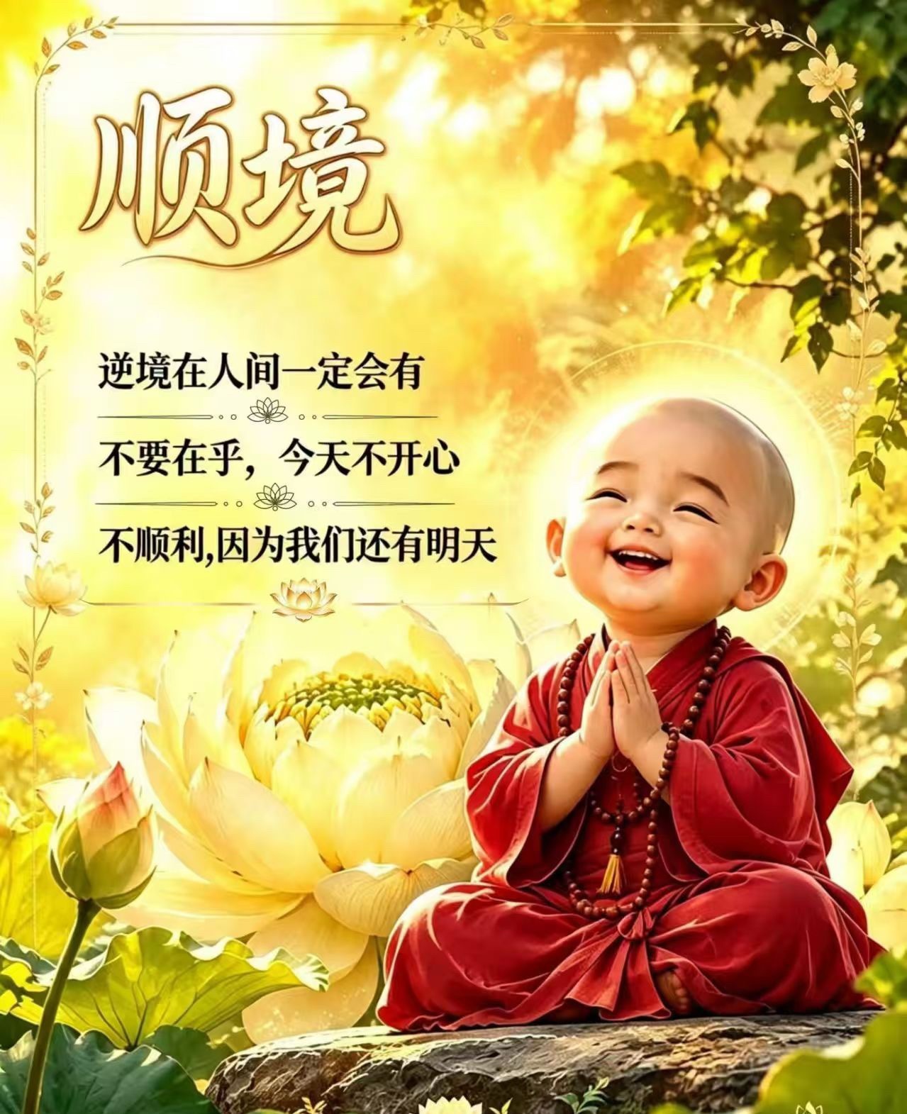 顺境逆境在人间一定会有不要在乎，今天不开心不顺利，因为我们还有明天 