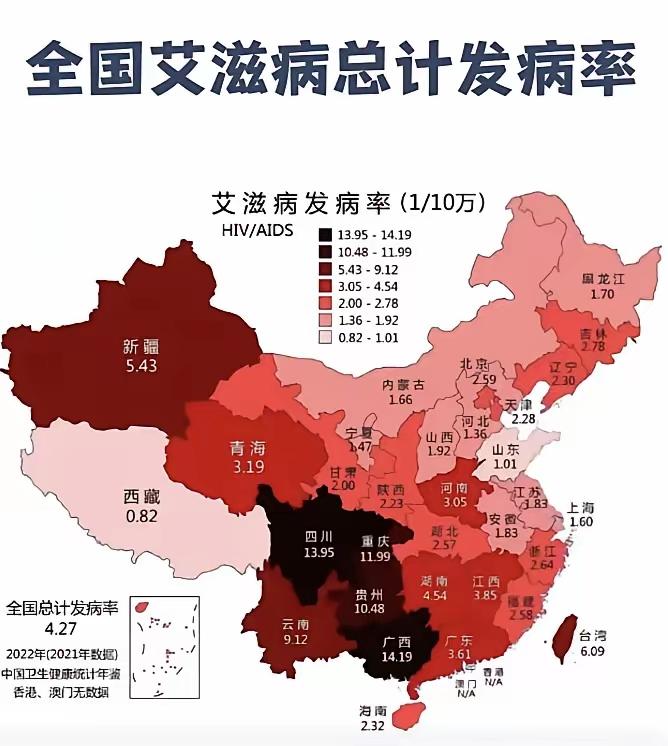 艾滋病发病率之图红的刺眼，让人不寒而栗。