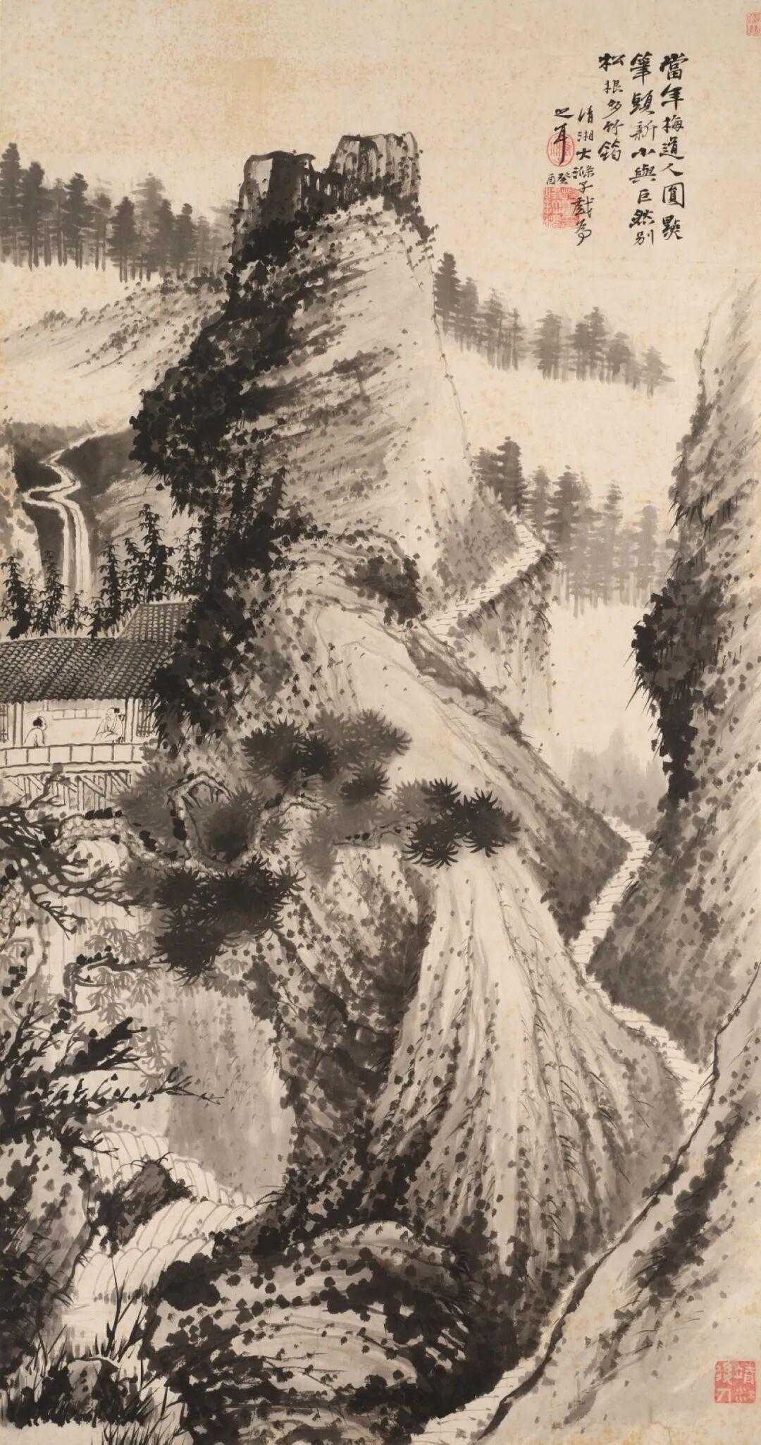 石涛《松根竹筠图》，水墨纸本立轴 145.5X46.7cm。款识:当年梅道人，圆