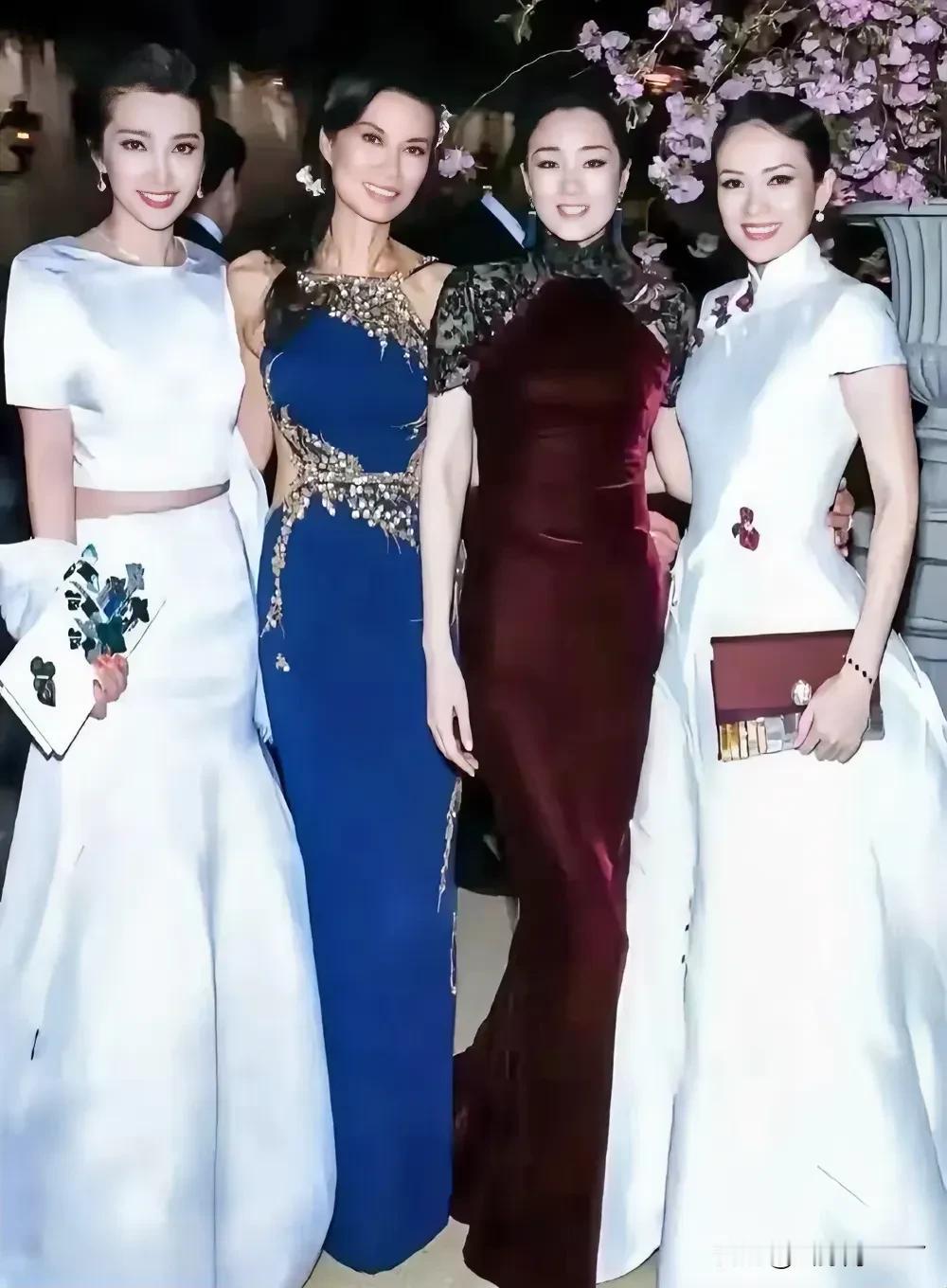 颀长的身材加上华丽的服饰，四位明星太艳丽了，李冰冰，巩俐，那两位是谁，有知道的吗