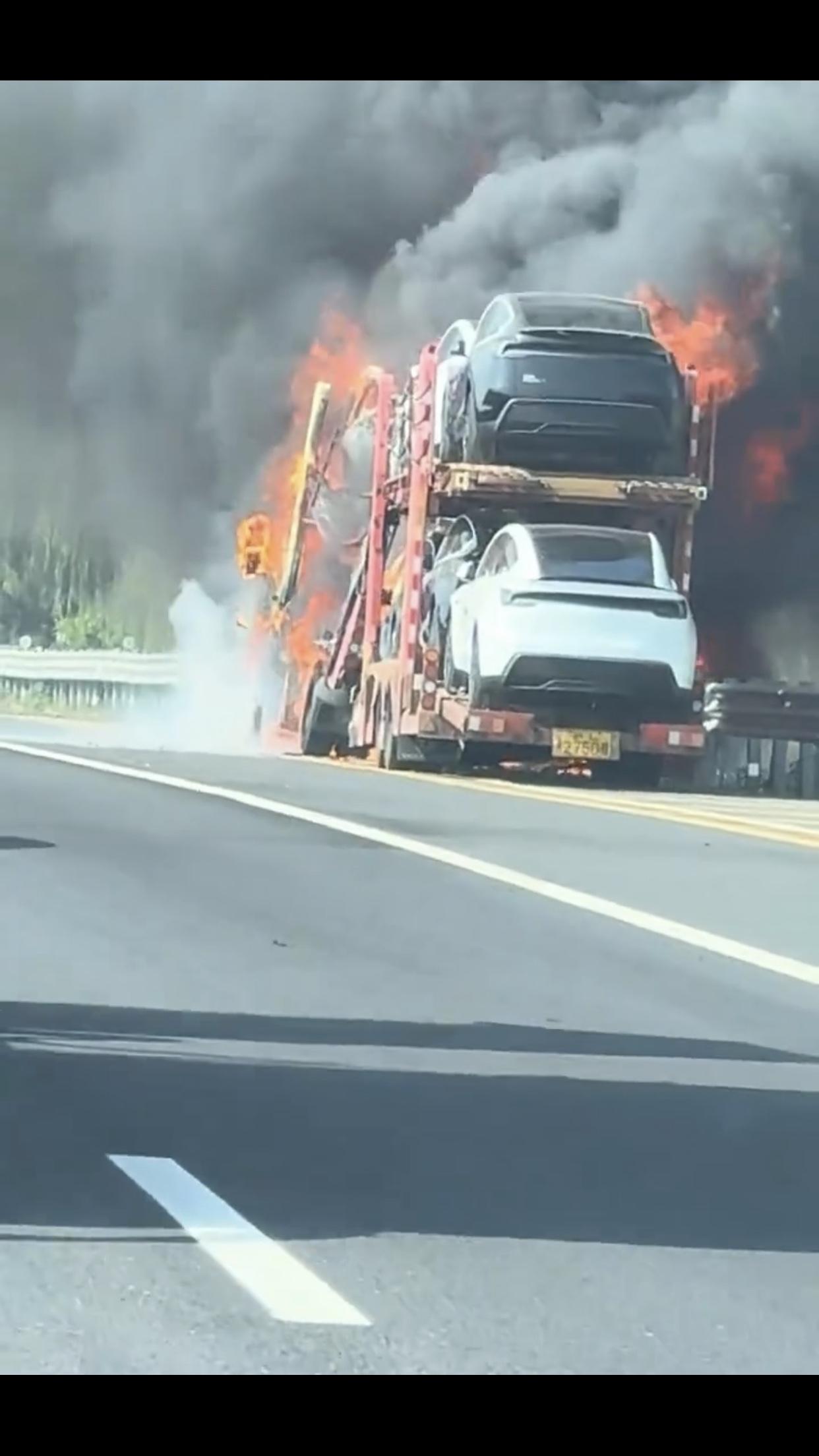 11月15日浙江高速上，网友爆料一辆双层运输卡车上栽有多辆特斯拉新车，不知什么原