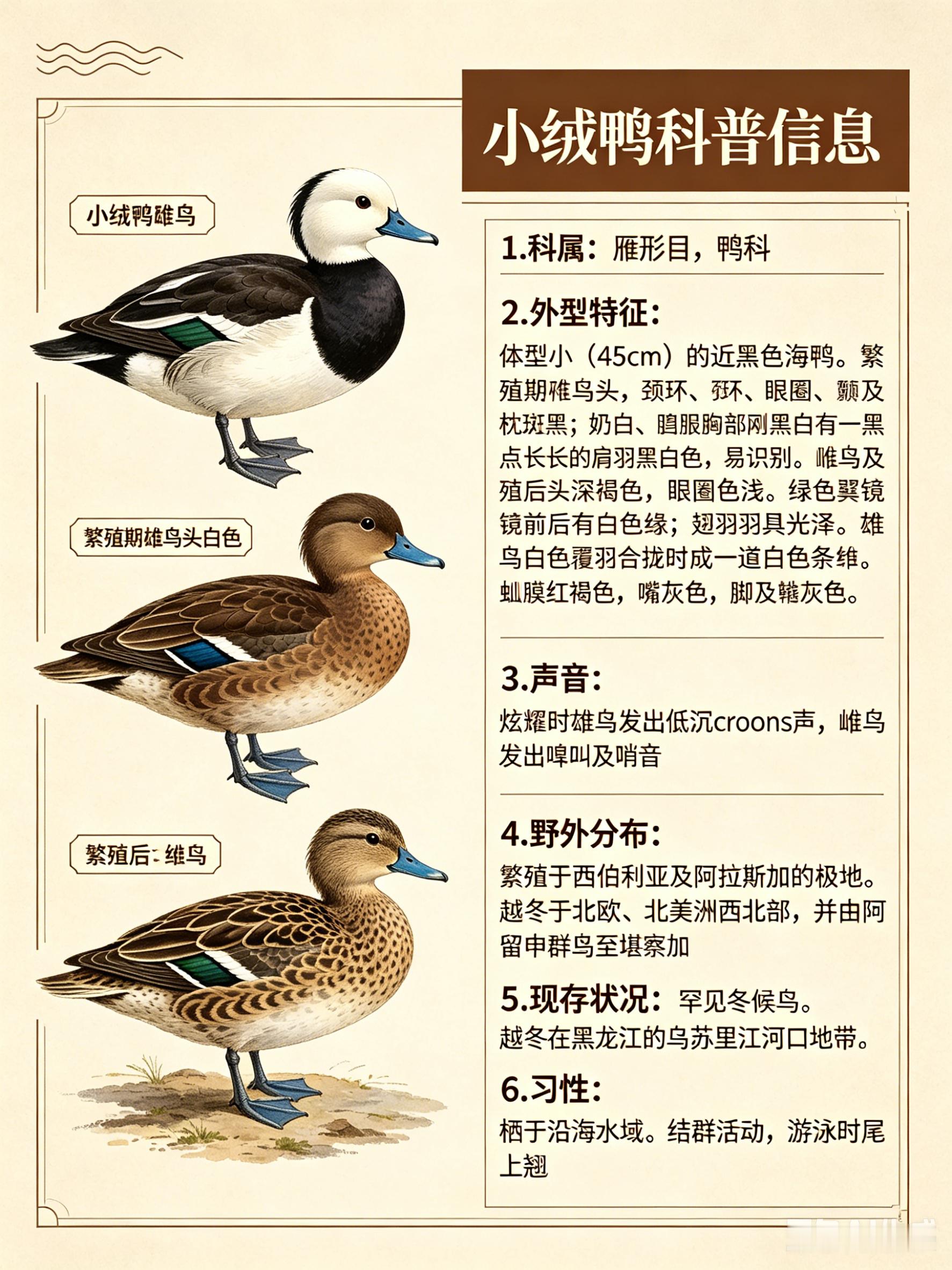 鸟类朋友图鉴 小绒鸭·科属：雁形目，鸭科。·外形特征：体型较小（45cm）的近黑