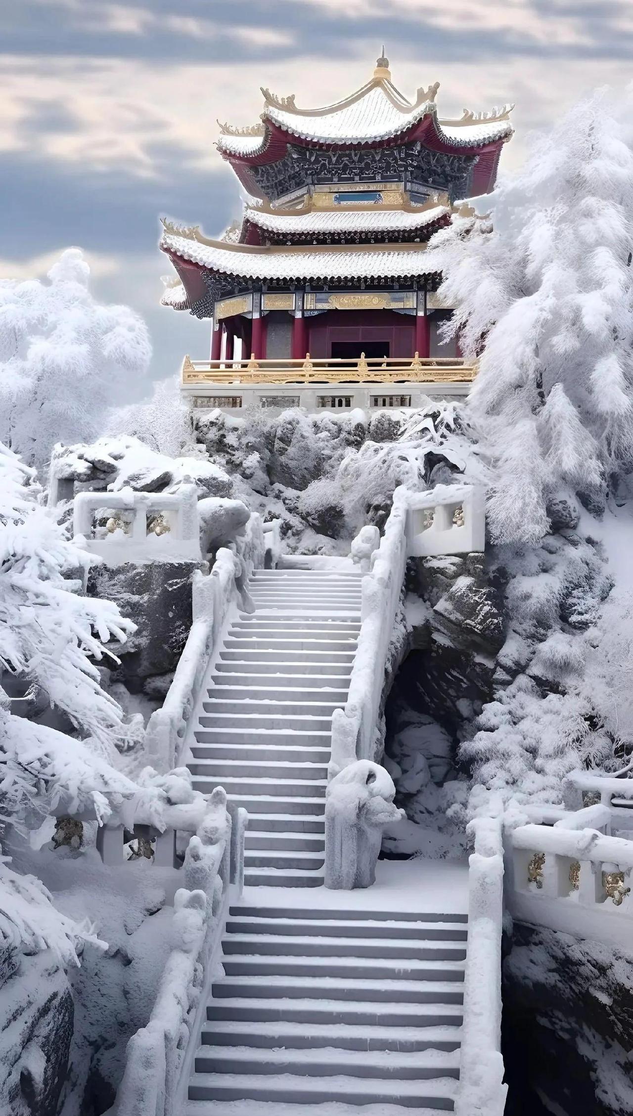 虽老君山金殿耀日，
云海流银，万峰披雪
似天宫落凡尘。
但这么冷的天加上道路雪滑