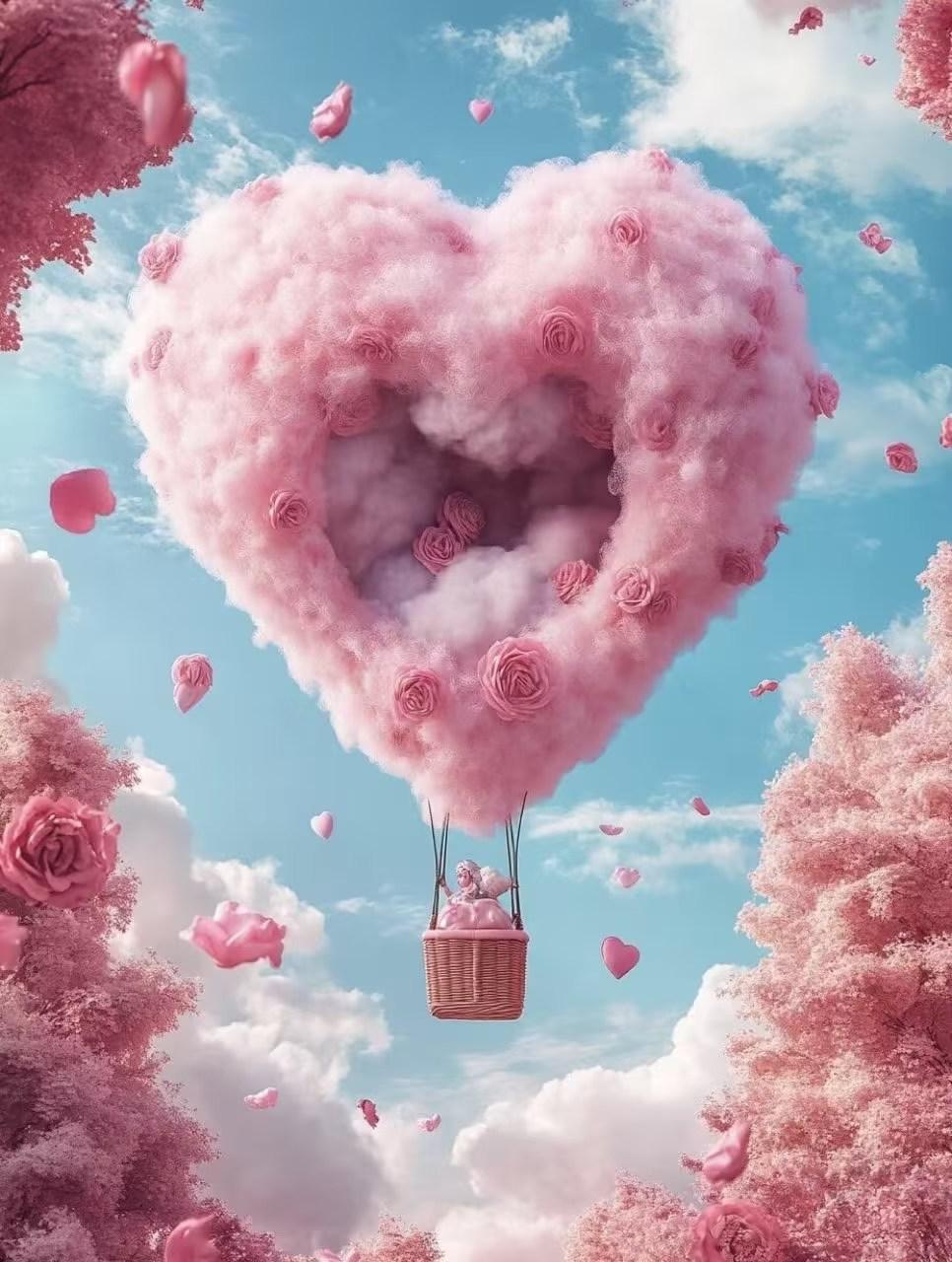梦幻粉色的花海与心形云朵，少女心满满！💖🌸🍃