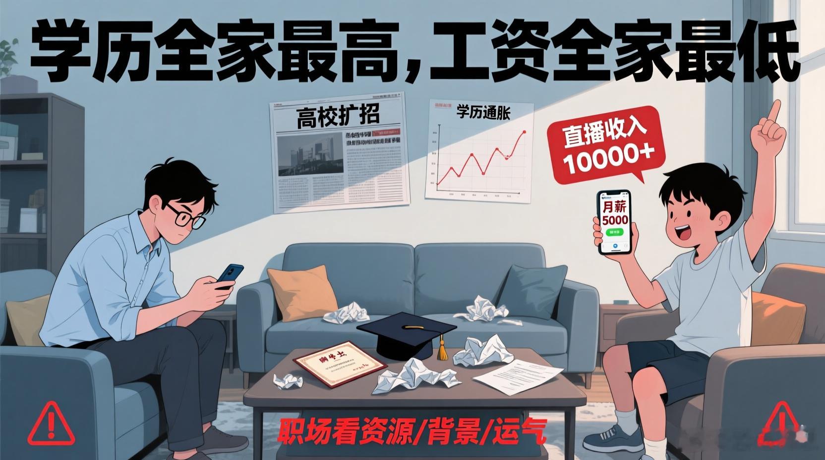 学历全家最高 工资全家最低这届年轻人怎么就成了"高学低薪"一代？这话题太扎心了。