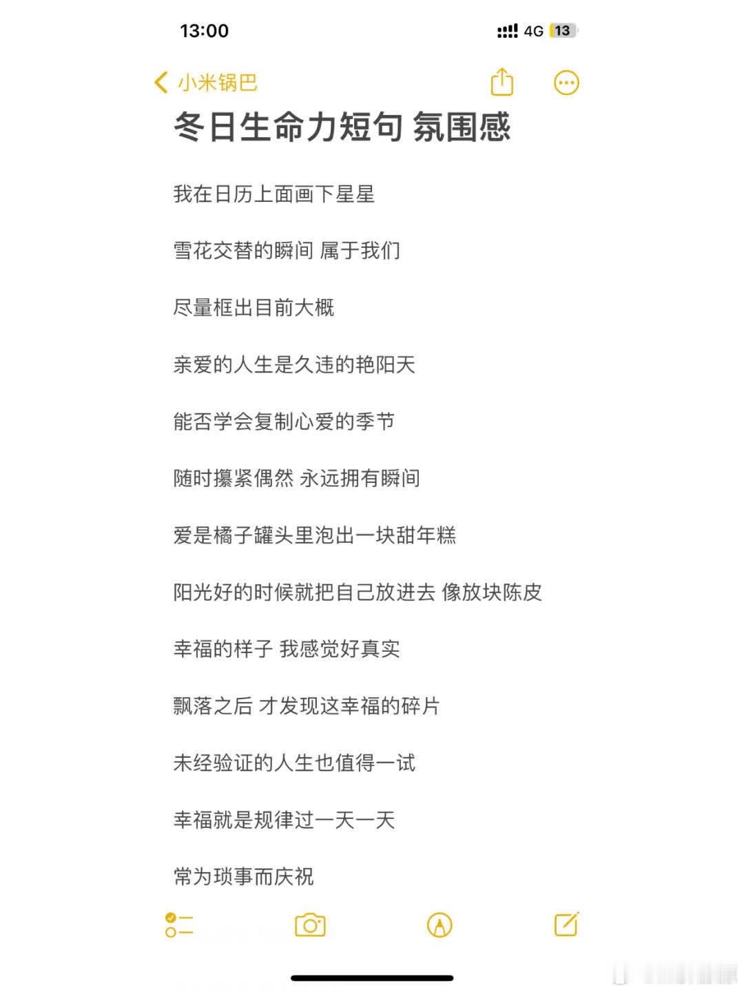 冬日生命力短句 氛围感  我在日历上面画下星星 雪花交替的瞬间 属于我们 尽量框