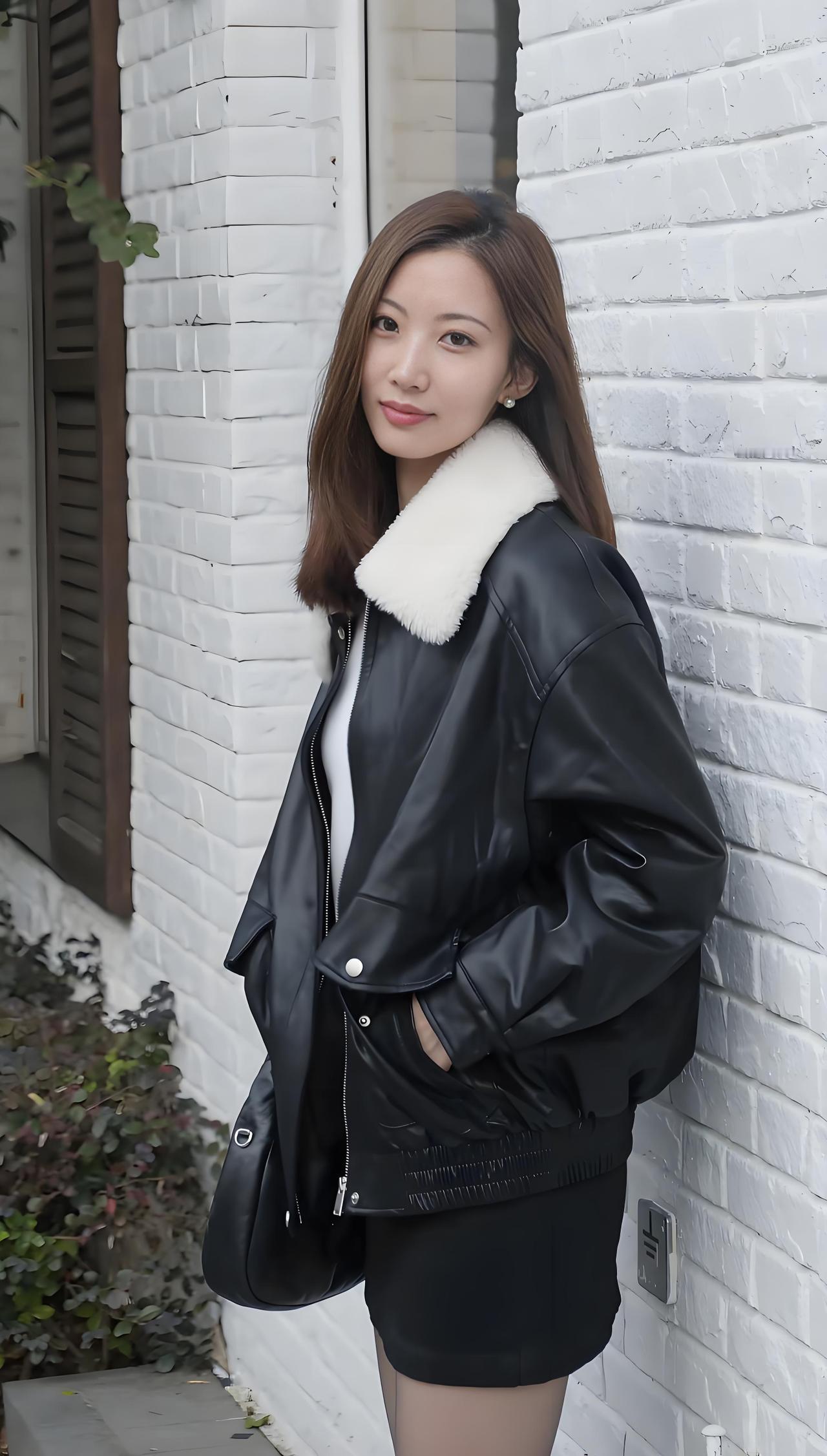 黑色皮衣搭配白色毛领，帅气又温暖，完美演绎都市时尚！