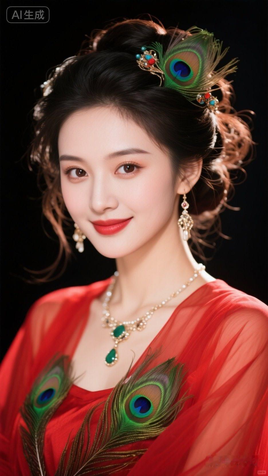 优雅红衣美人，孔雀羽毛发饰，尽显东方古典美！