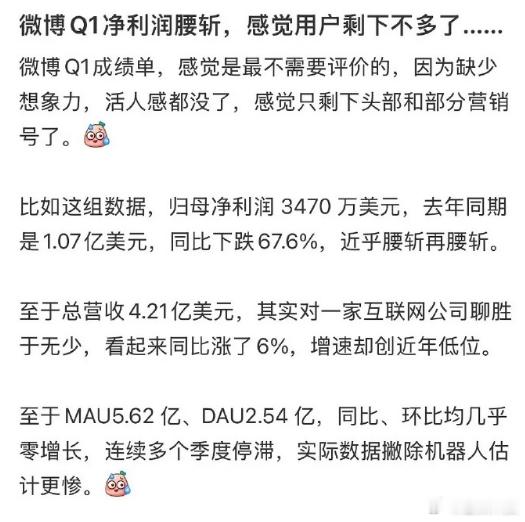 微博很艰难啊！营收微涨但利润大跌，日活月活连续季度不动，在流量红利见顶的当下，平
