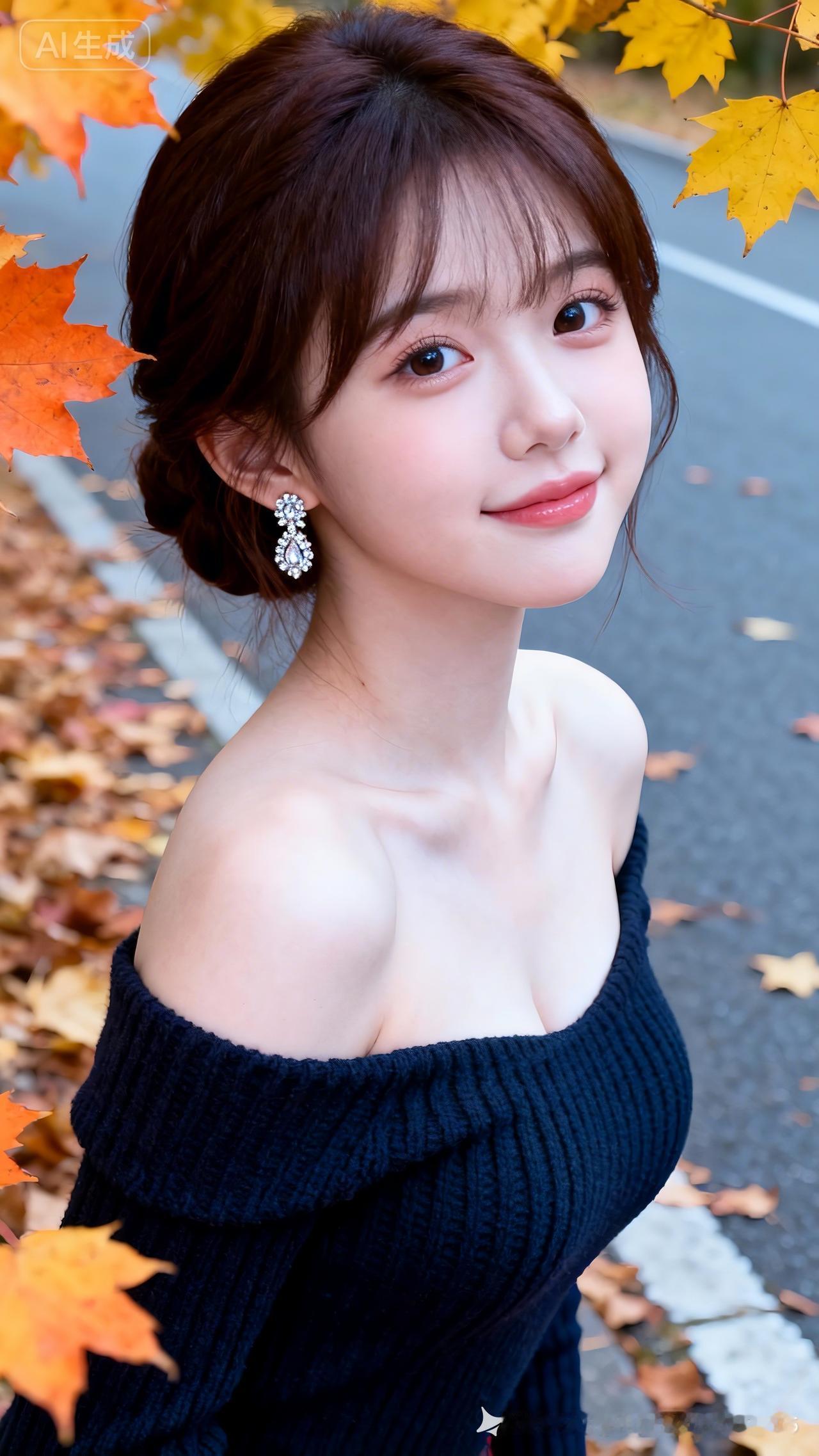 秋日暖阳下，甜美少女与落叶共舞