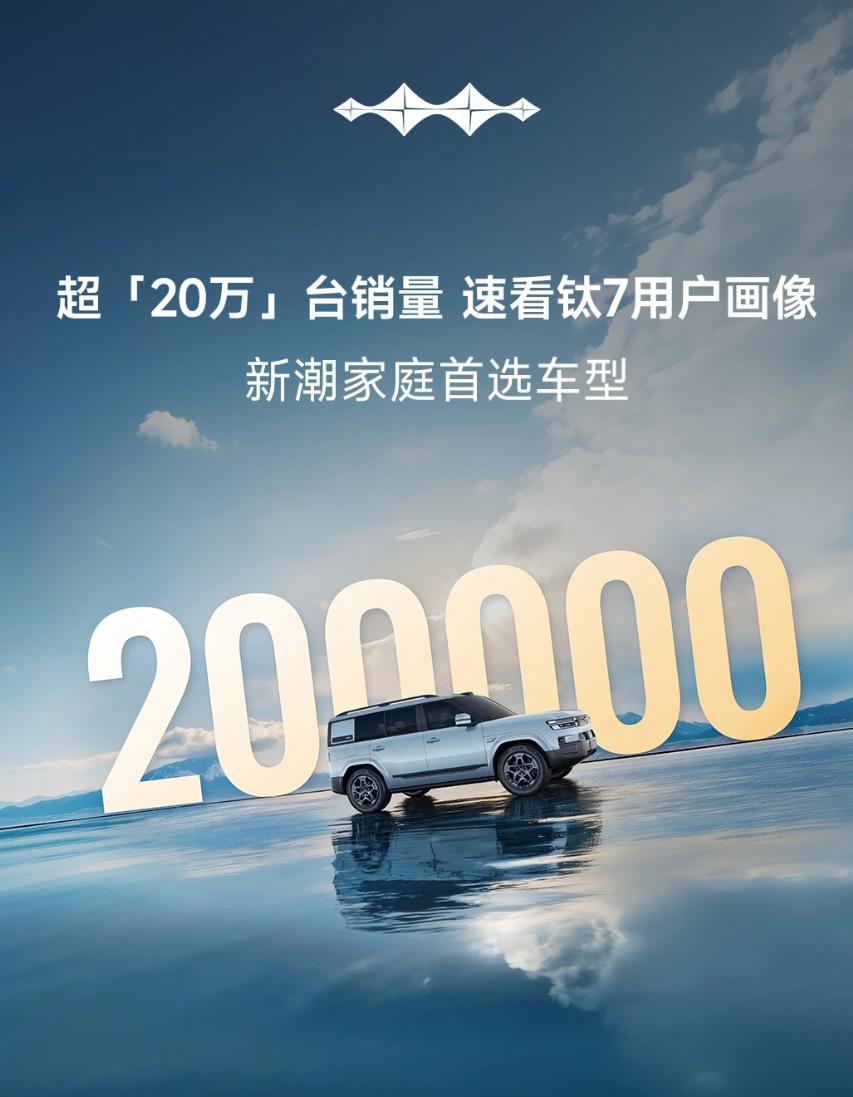 方程豹钛7销量破20万台，聊聊我对这台车的观察
今天这条消息应该不少人刷到了——