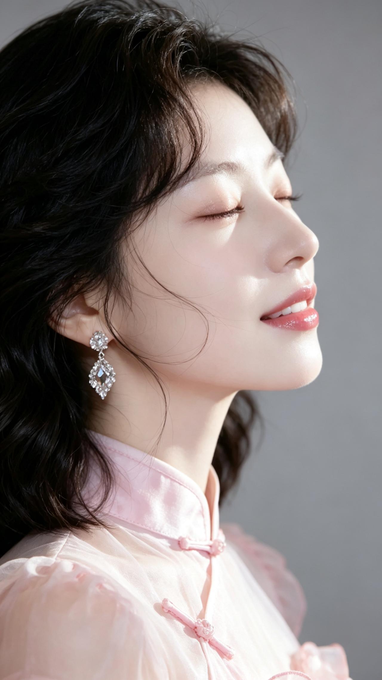 温柔甜美的粉色旗袍，搭配闪亮耳环，尽显东方古典韵味。