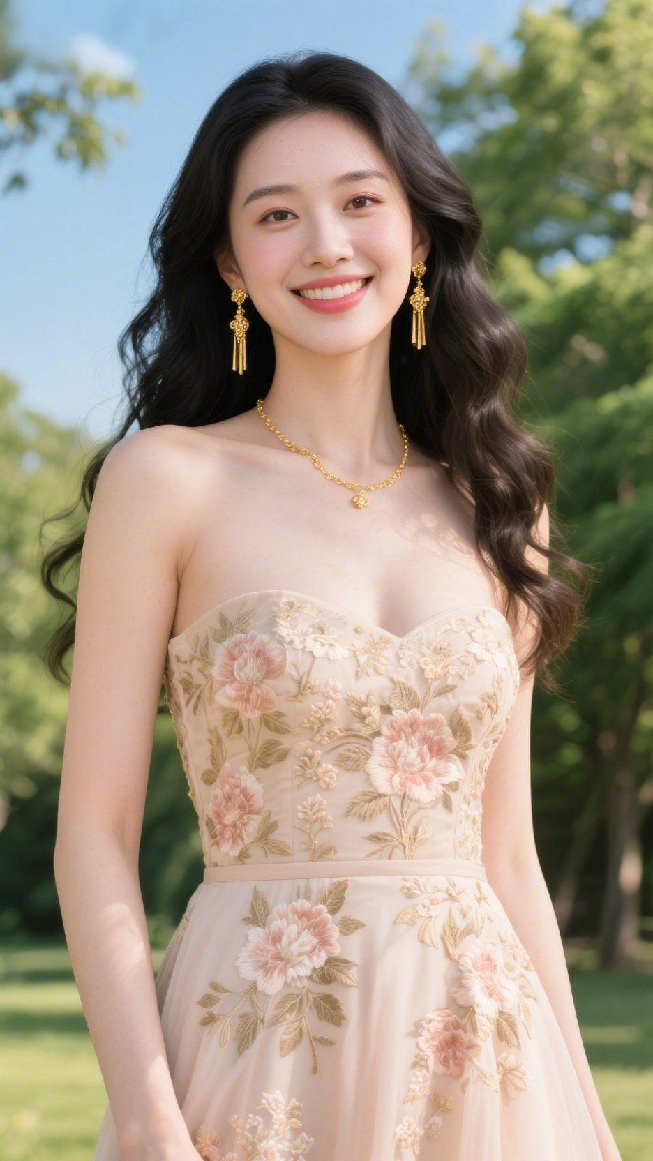 《晴光里的花裙温》
 
风裹着草叶的清香漫过草坪时，她立在晴光中，纱裙如轻漾的春