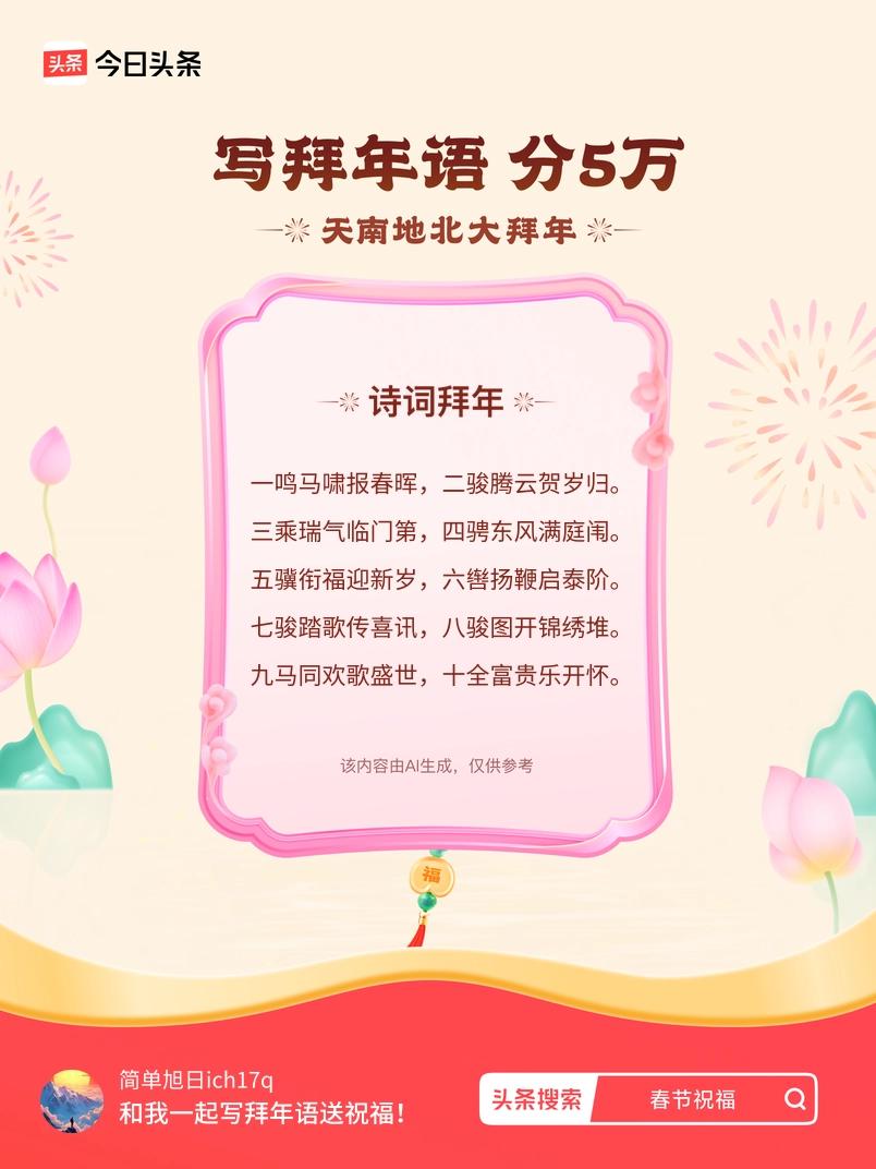 写拜年语送祝福新春拜年送祝福！我的祝福是：“一鸣马啸报春晖，二骏腾云贺岁归。三乘
