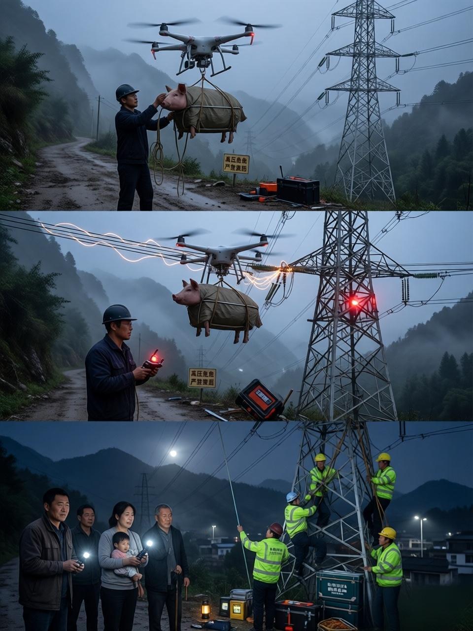无人机吊猪致全村停电 
无人机“运猪”挂电线，科技便利莫忘安全

近日，四川巴中