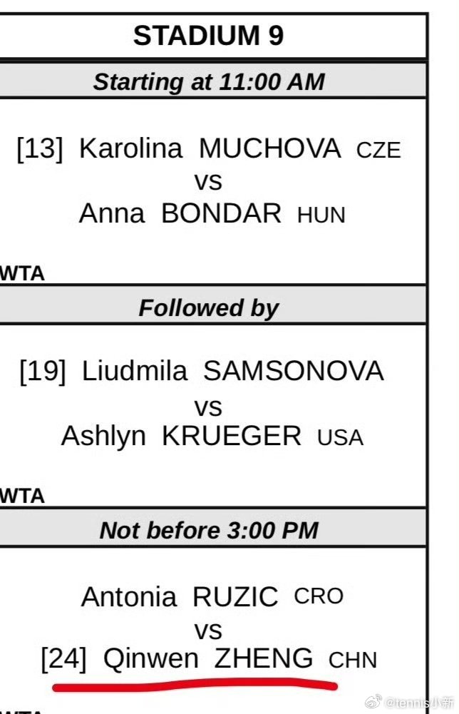 时间还可以，不用早起，熬夜还是周末郑钦文将战鲁季奇 北京时间 3.8 不早于⏰7