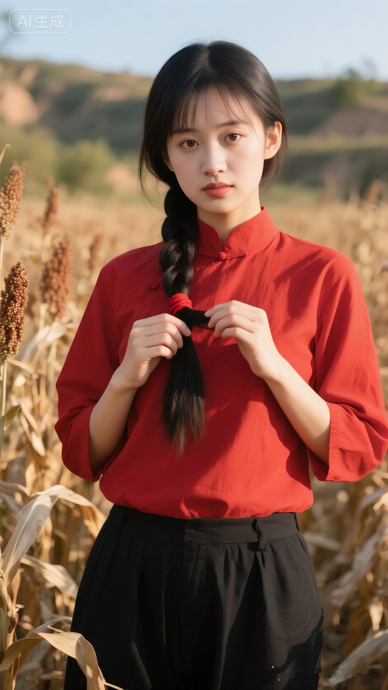 秋日田野里的红衣少女，复古旗袍与现代发型的完美结合。