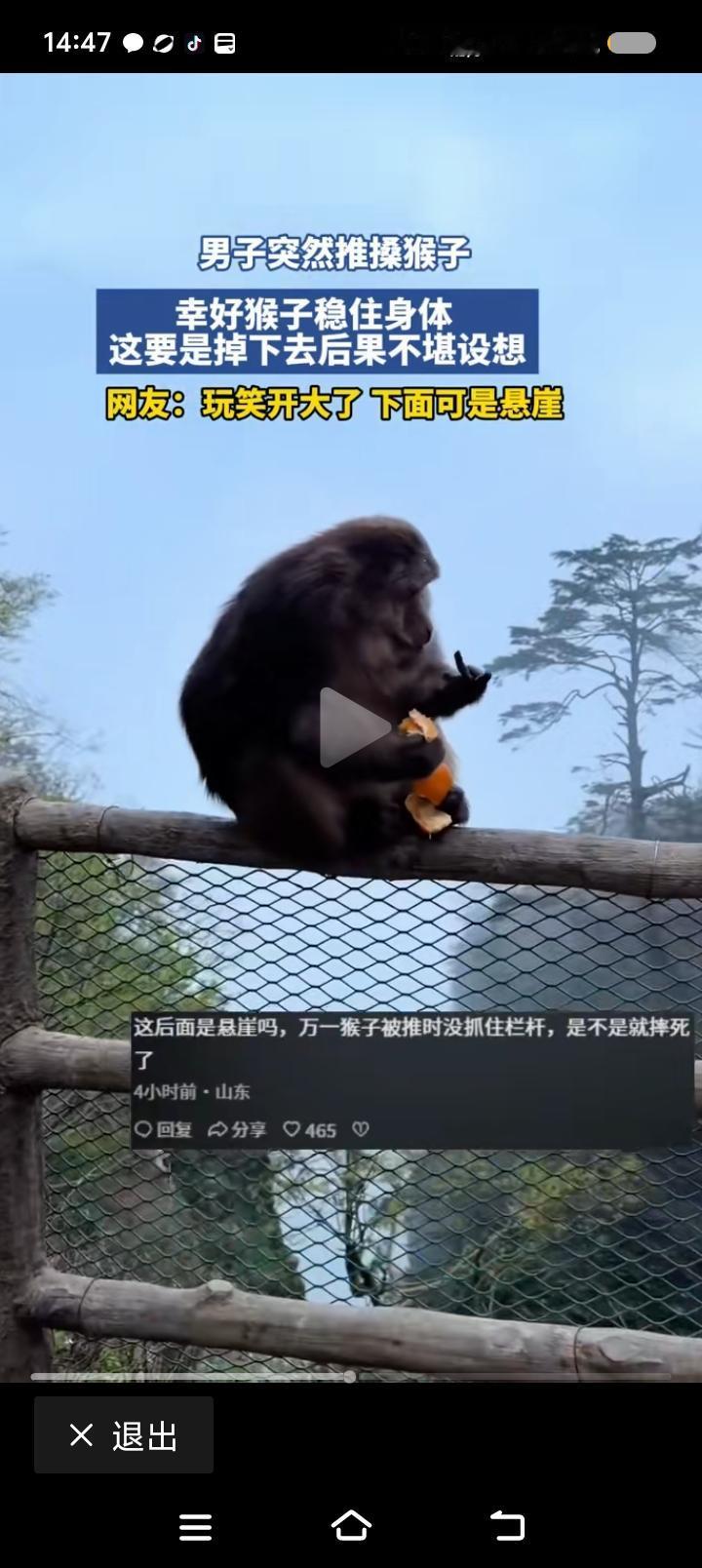 请严办此人——
网上视频：近日，某景区，一只猴子在悬崖边护栏上进食，突然遭一男子