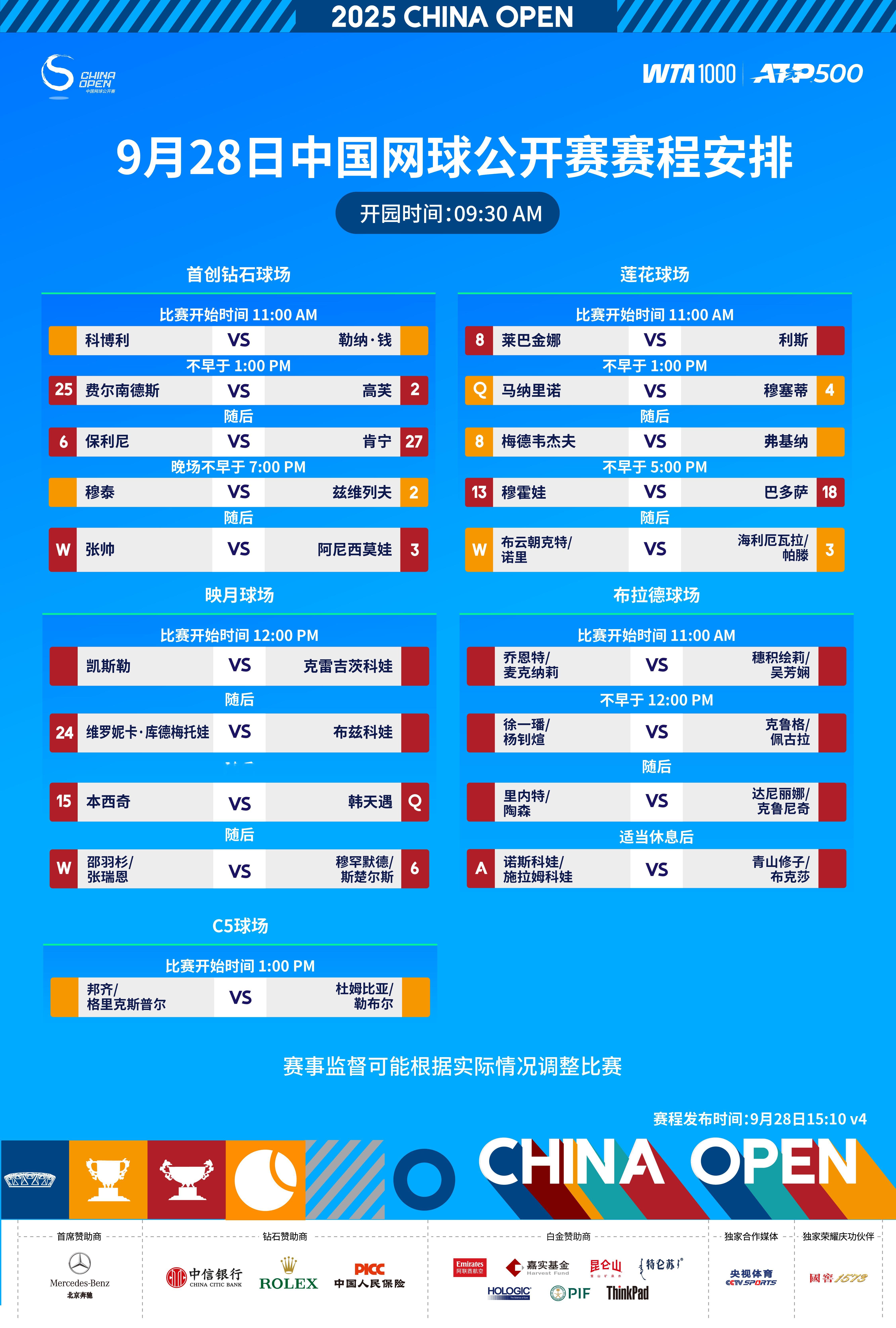 9月28日赛程更新：今日布拉德球场最后一场女子双打比赛，由于克雷吉茨科娃因伤退赛