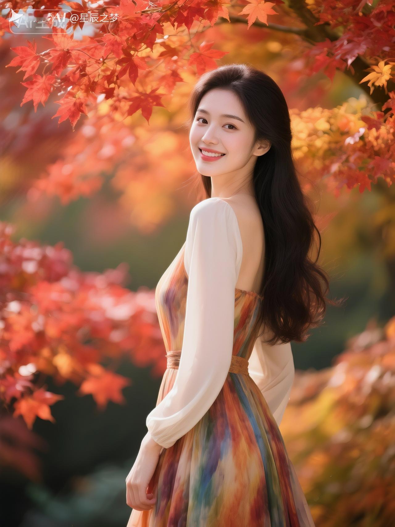 一个女孩在秋天的枫叶前微笑。