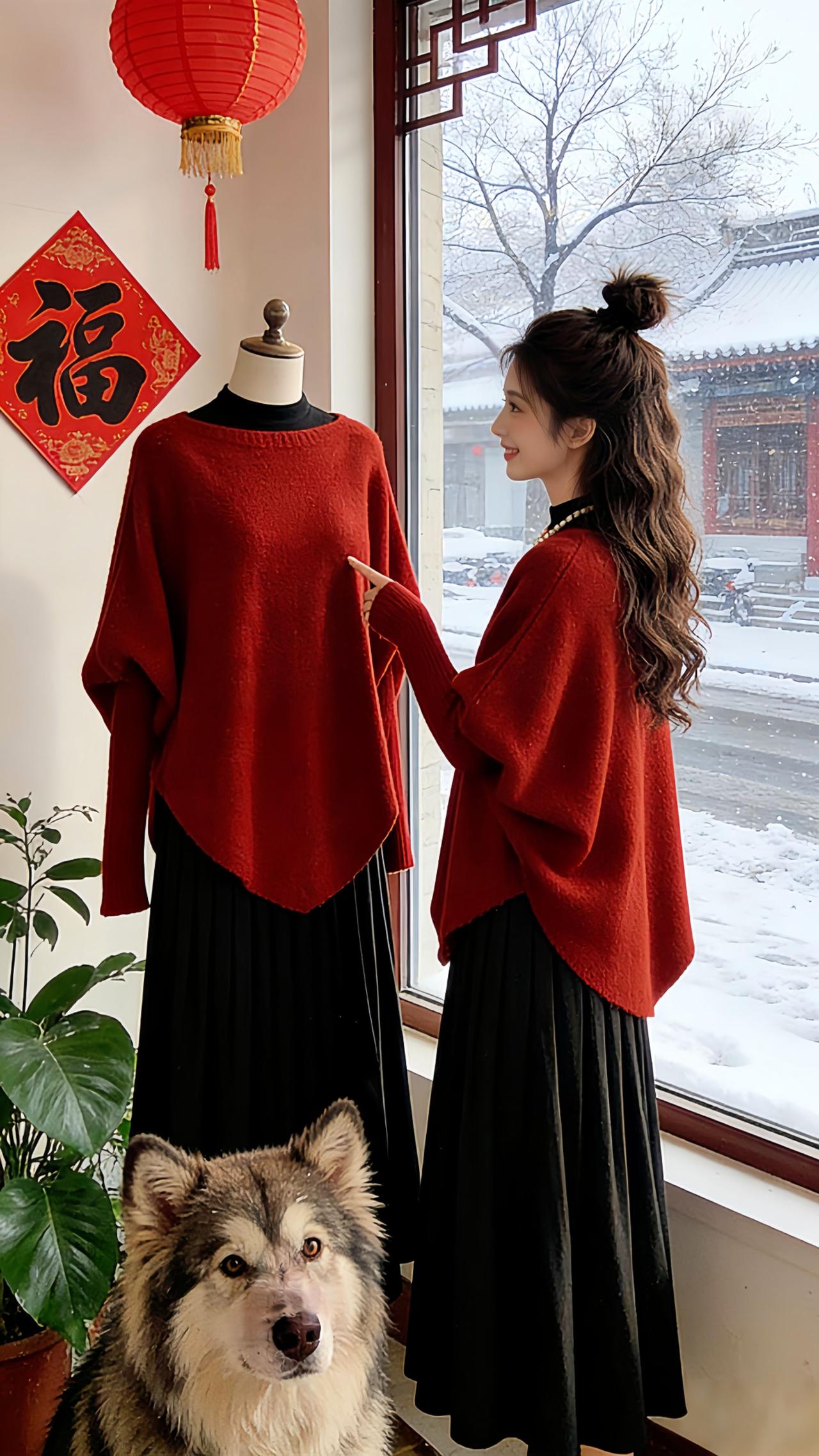 Danny的新年战袍也太戳我了！红色针织衫搭配黑色长袖连衣裙的套装，珍珠项链点缀